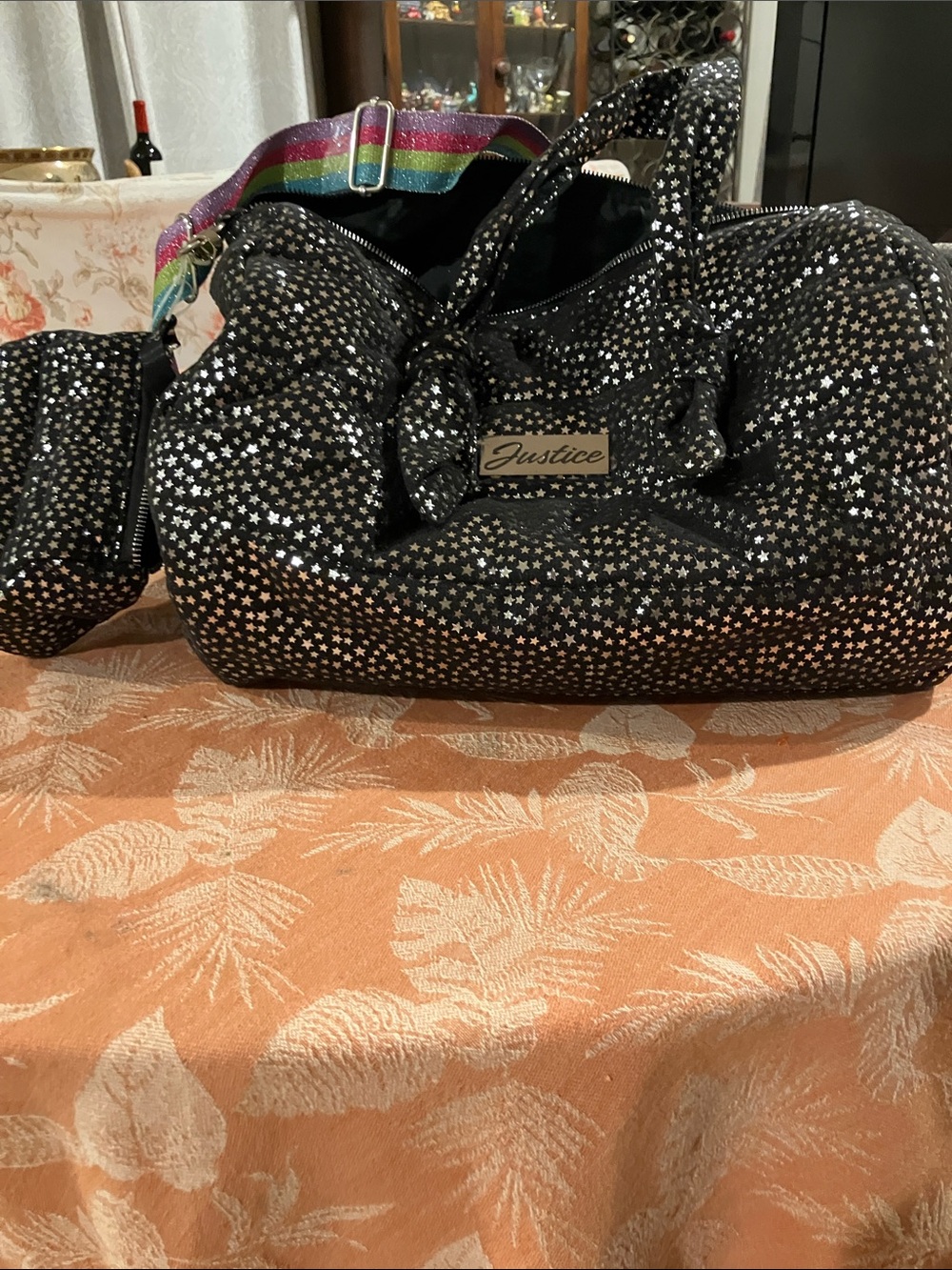 Justice Black Star-Print Duffle with Rainbow Shoulder Strap and makeup case